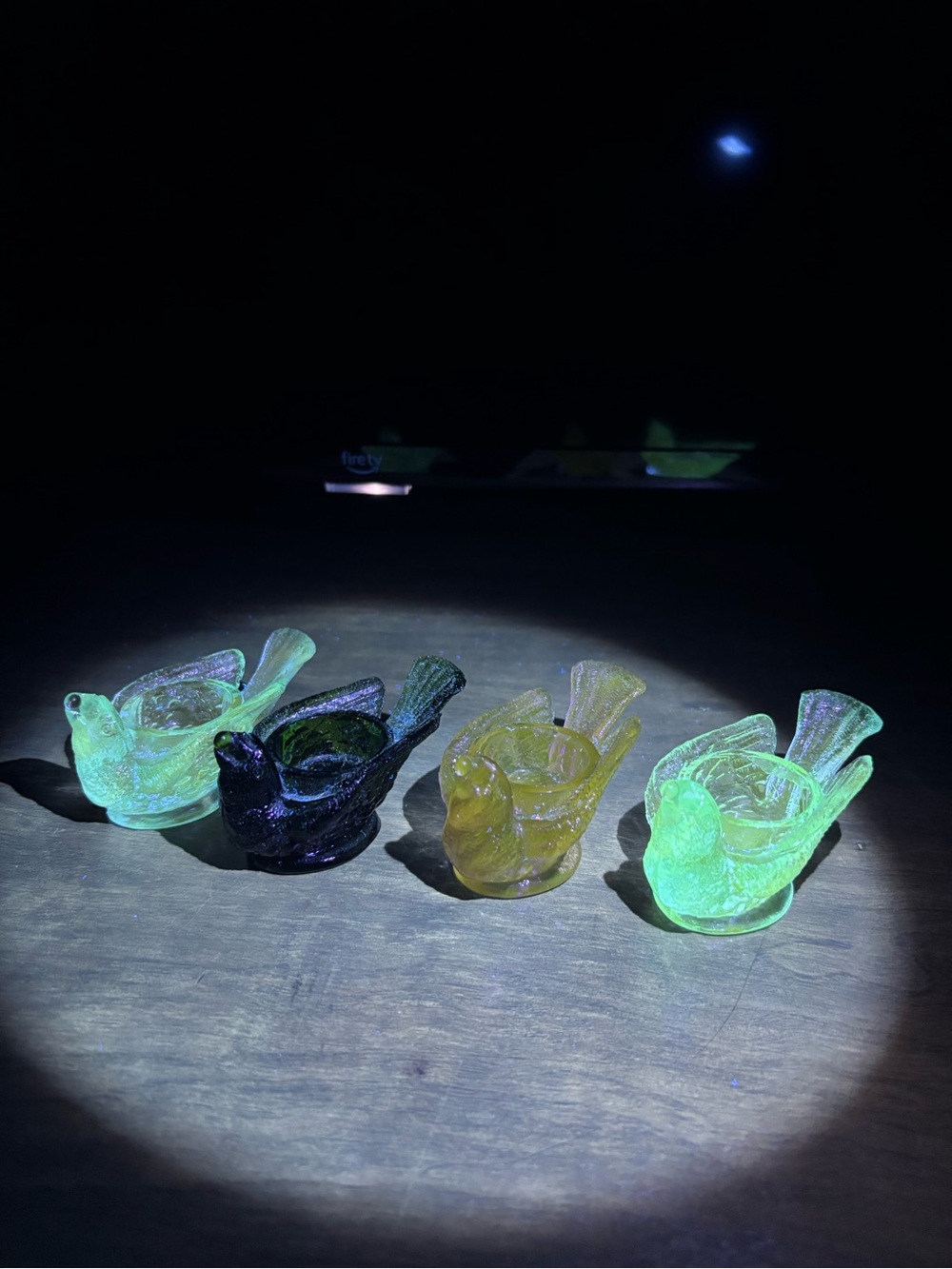 Bird & Berry Open Salt Cellar Aqua Green Purple Pressed 
Glass Vintage Set Of 4